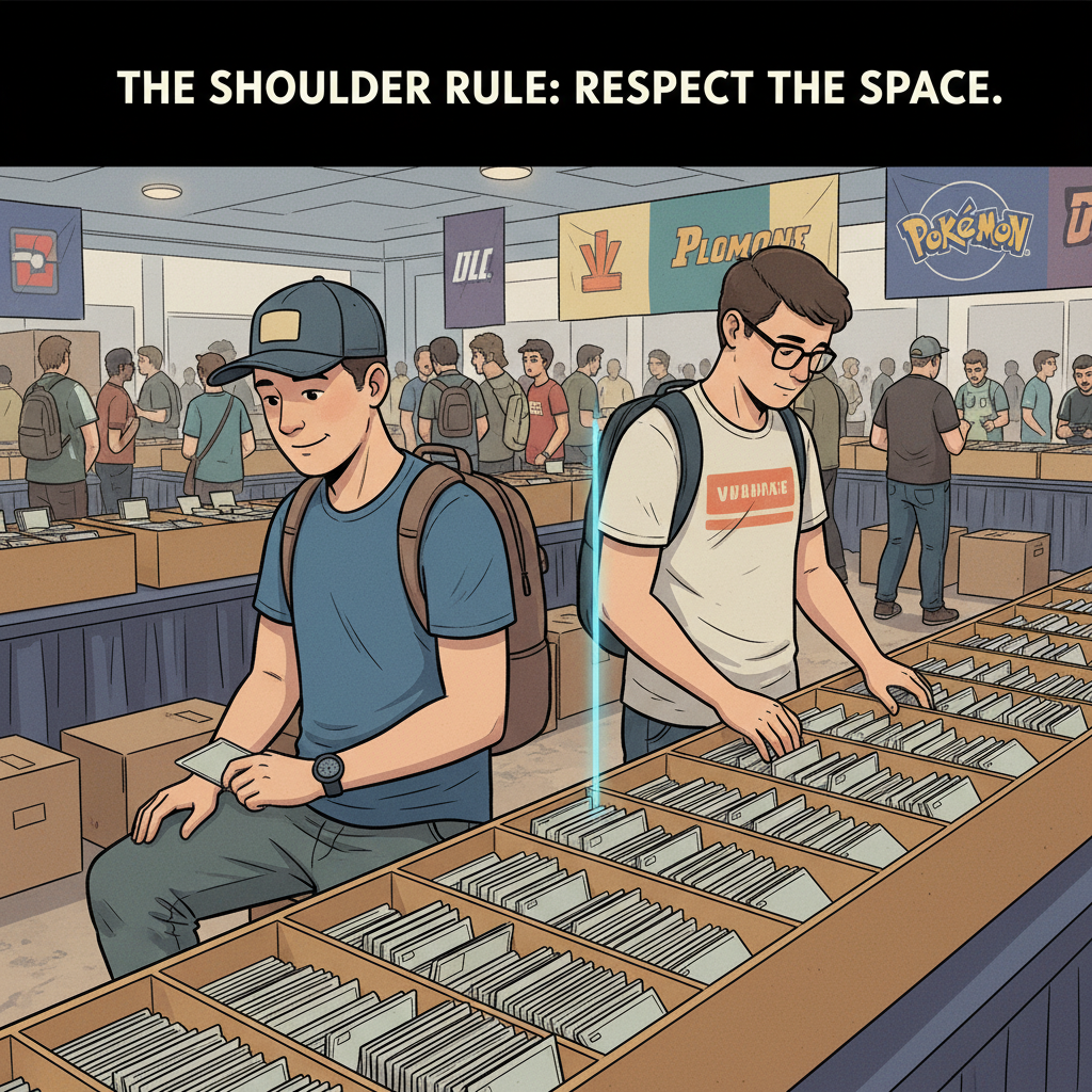 An illustration depicting a collector following the 'Shoulder Rule' while searching through card bins, respecting another collector's space.