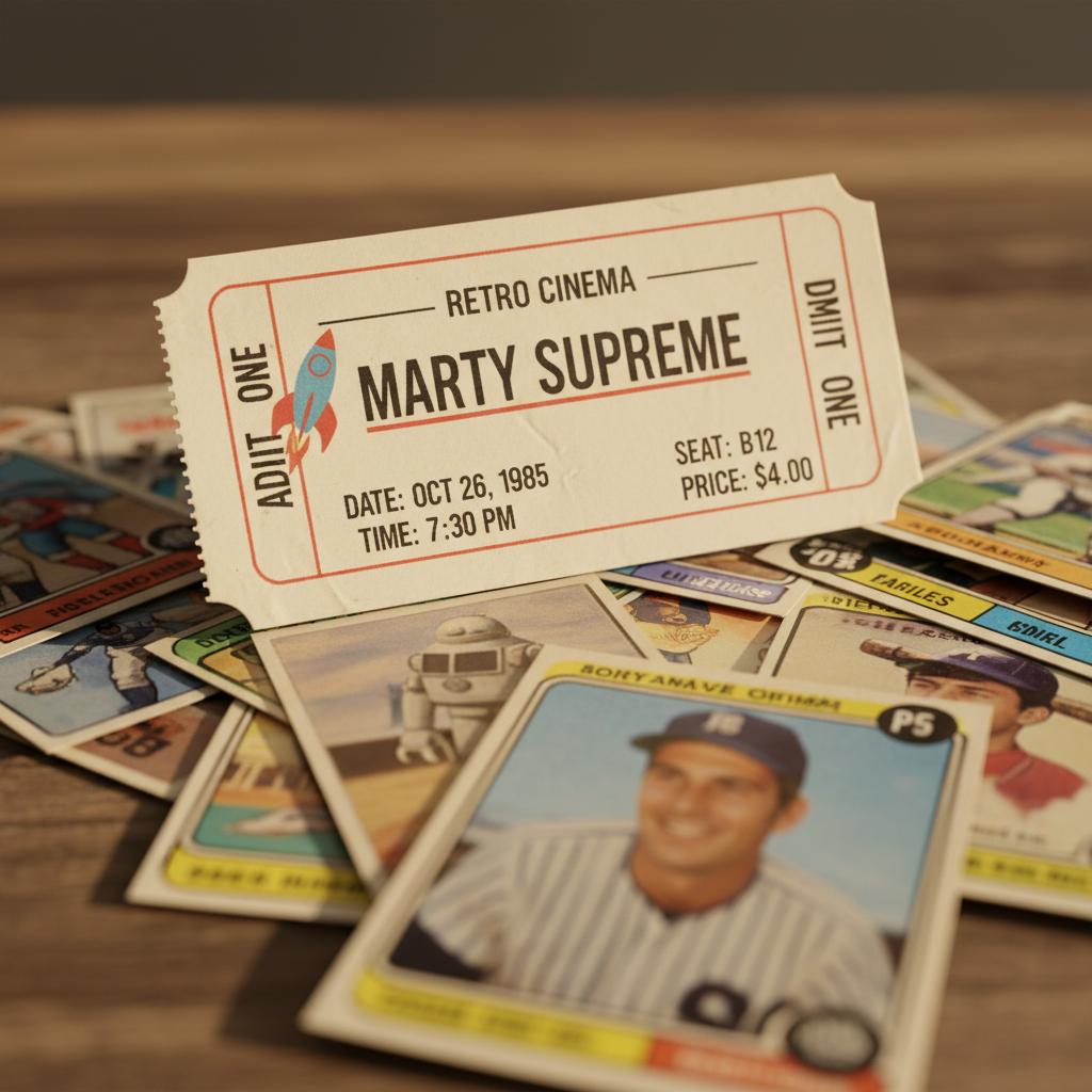 A retro movie ticket stub for 'Marty Supreme' with a stack of old trading cards in the foreground.