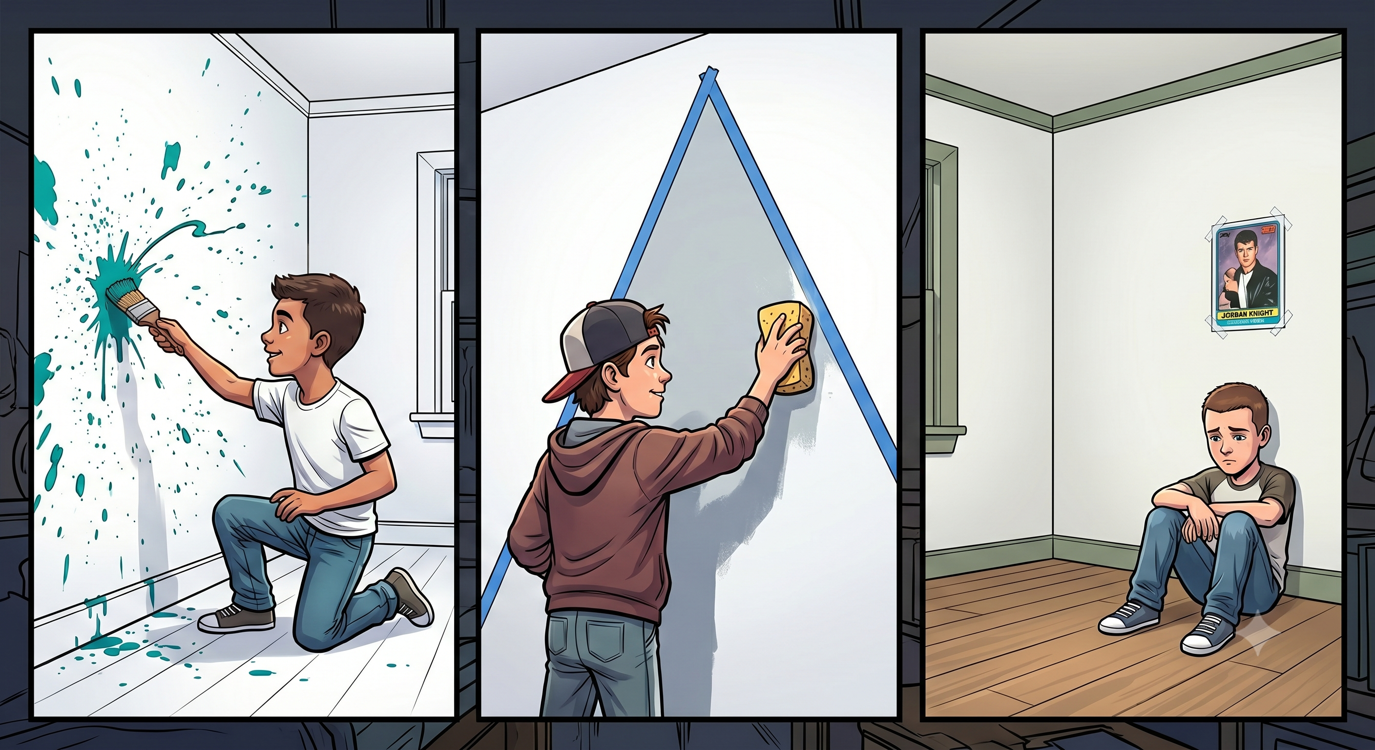 Two brothers painting their rooms while the 3rd brother sits and alone and sad.